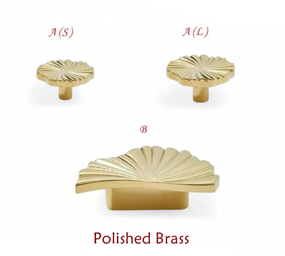 Brass Sunburst Half Circle Drawer Pulls w. Matching Knobs, Contemporary Kitchen Hardware