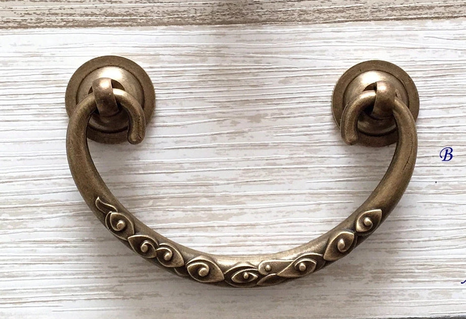 2.75" to 3" Centers Brass Drop Bail Drawer Pull with matching knob, Vintage Style, Antique Bronze Black