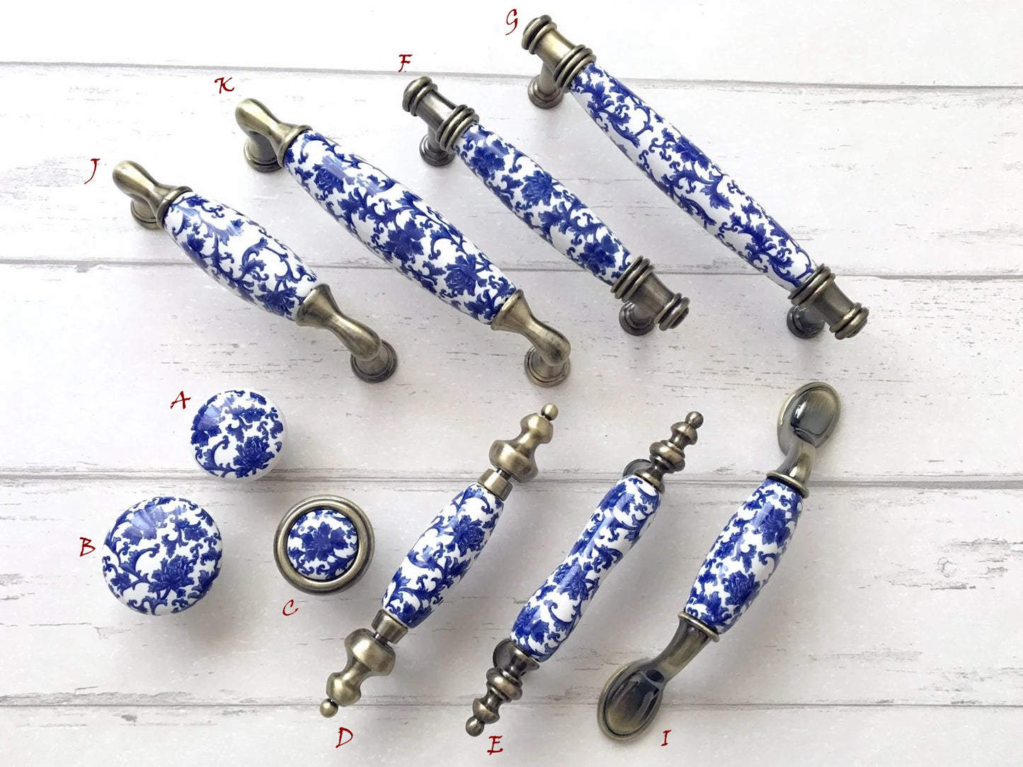 Poignées de tiroir en porcelaine de 7,6 cm, 9,5 cm, 12,7 cm, bleu et blanc