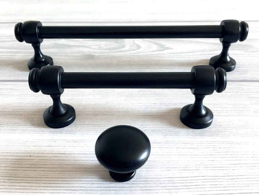 3.5" 6" Centers Black Cabinet Bar Pull & Round Drawer Knob