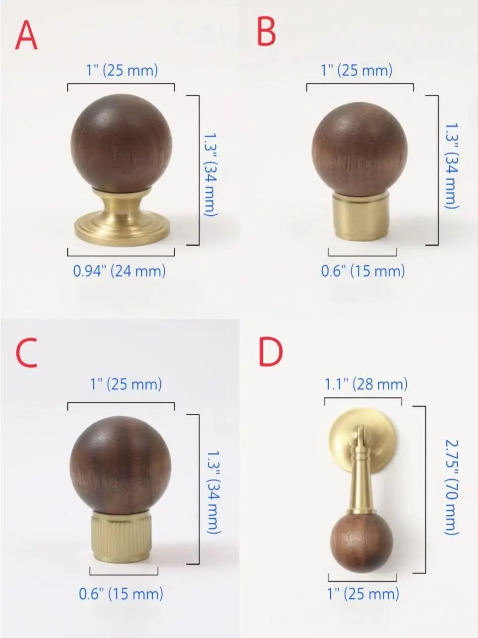 Walnut Brass Cabinet Knobs Drawer Pull Drop Handles