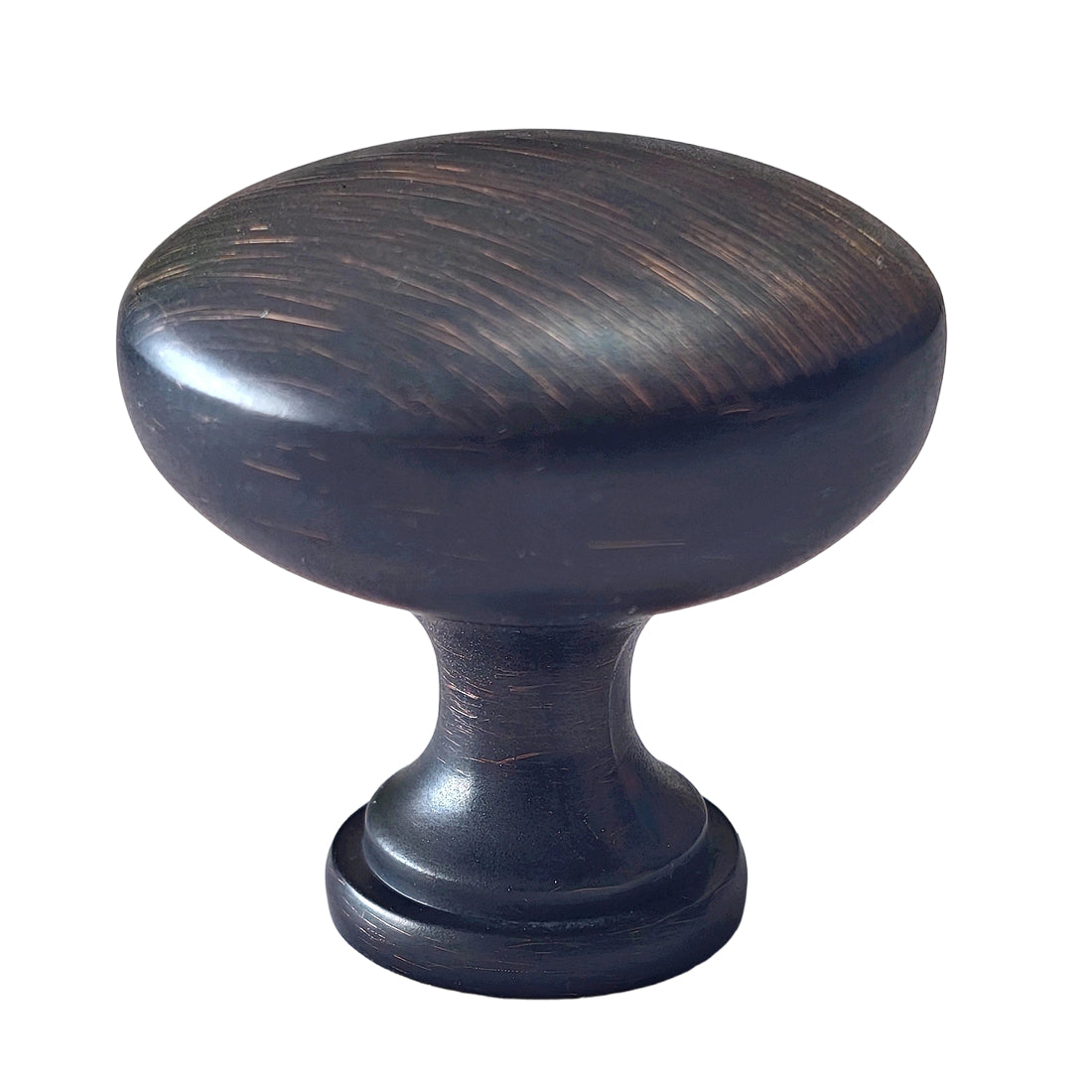 Dark brown cabinet knob on a white background