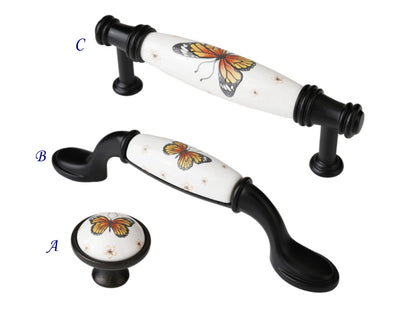 3.75" Butterfly Ceramic Cupboard Pull & Kitchen Knob, Decorative Porcelain Cabinet Hardware