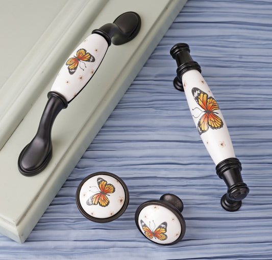 3.75" Butterfly Ceramic Cupboard Pull & Kitchen Knob, Decorative Porcelain Cabinet Hardware