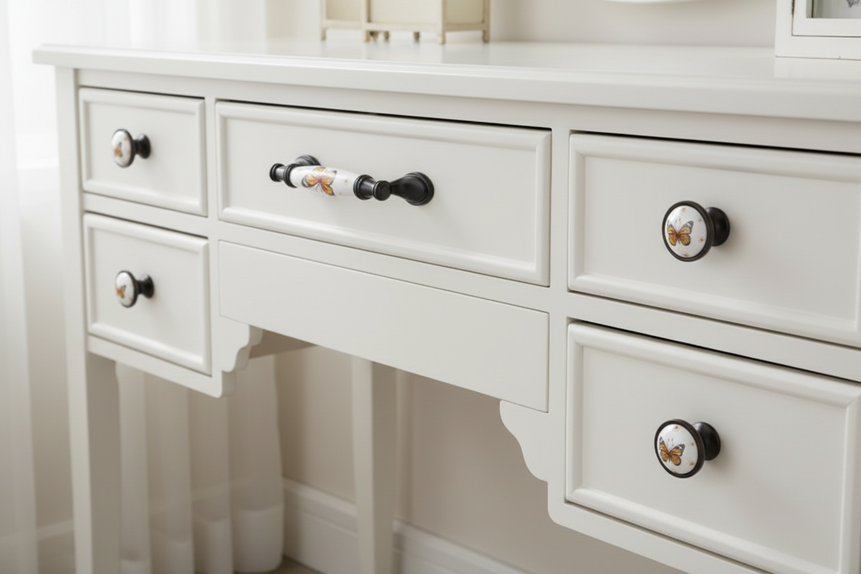 White dresser with decorative butterfly design handles and knobs on a neutral background