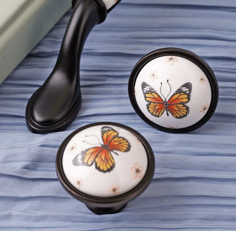 3.75" Butterfly Ceramic Cupboard Pull & Kitchen Knob, Decorative Porcelain Cabinet Hardware
