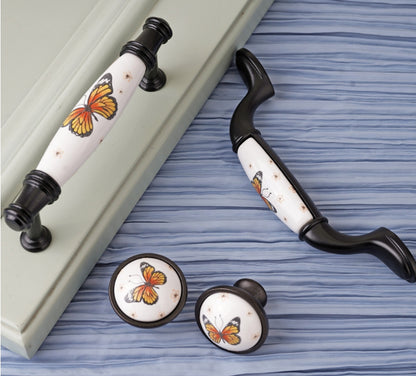 3.75" Butterfly Ceramic Cupboard Pull & Kitchen Knob, Decorative Porcelain Cabinet Hardware