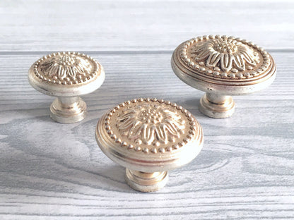Shabby Chic Dresser Drawer Knob, Floral Cabinet Pull Handle, Antique Silver, French Country Style