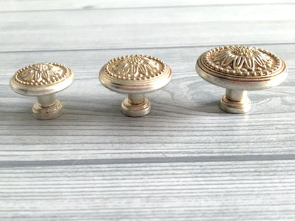 Shabby Chic Dresser Drawer Knob, Floral Cabinet Pull Handle, Antique Silver, French Country Style