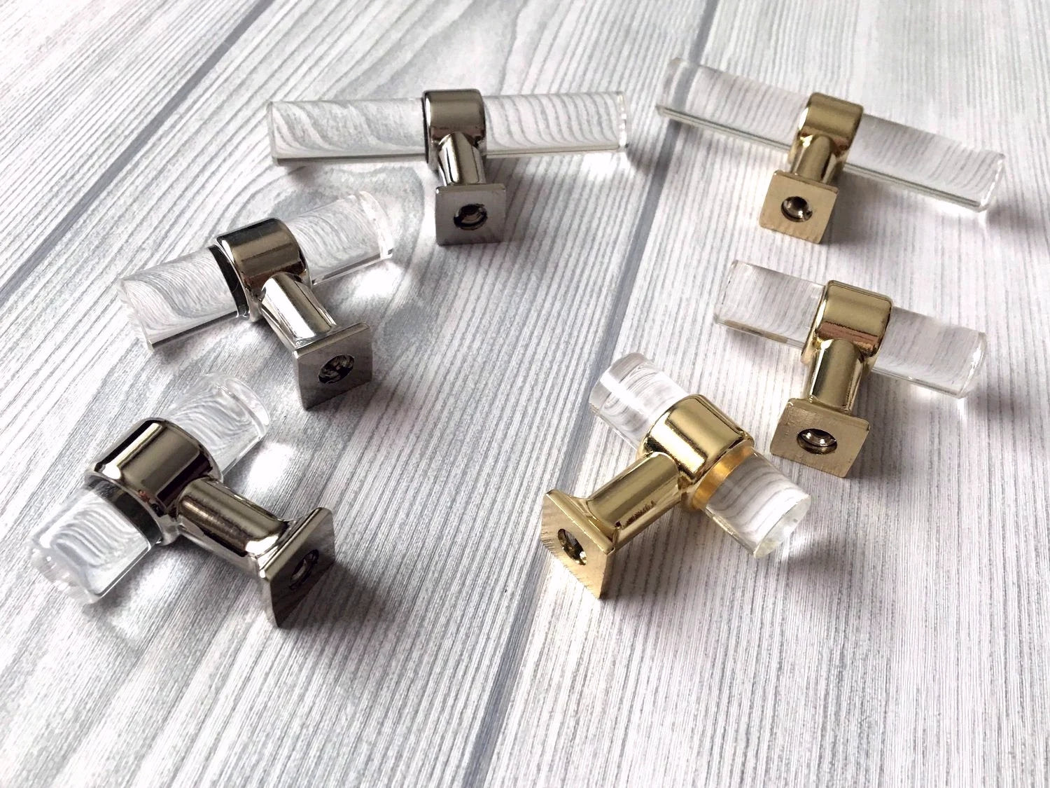 Acrylic Drawer T Knob with Metal Accents in Gold, Nickel & Black - LynnsHardware