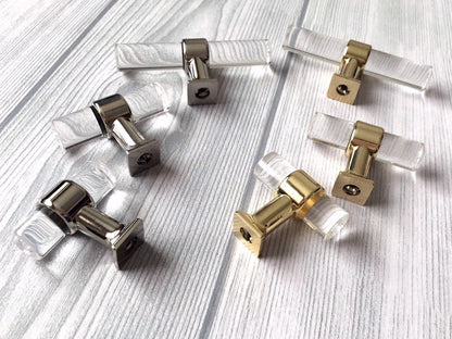 Acrylic Drawer T Knob with Metal Accents in Gold, Nickel & Black - LynnsHardware