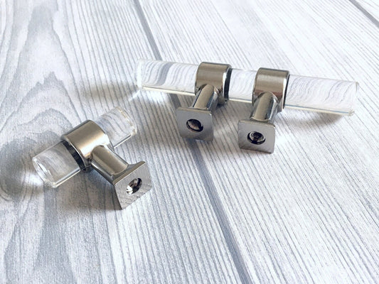 1" Centers, Acrylic Drawer Pulls, Lucite Cabinet Knobs, Black Gold Nickel Silver