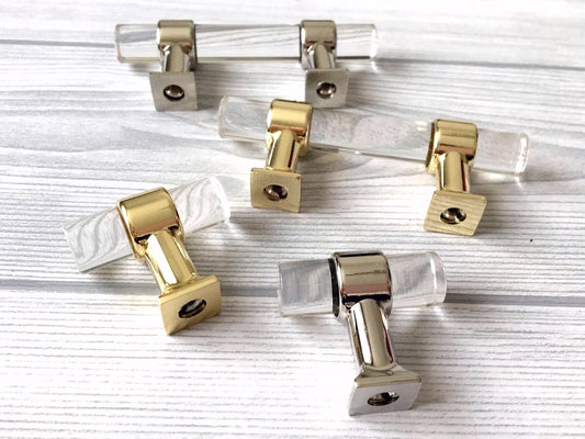2" Centers, Acrylic Drawer Pulls, Lucite Cabinet Knobs, Black Gold Nickel Silver