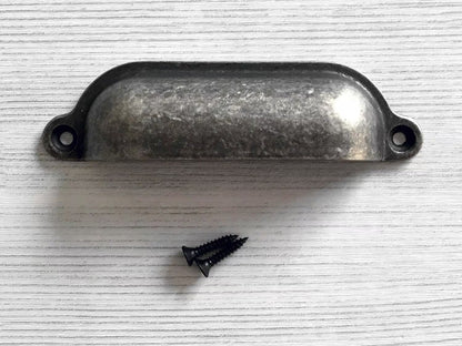 Cup Drawer Pull and Knobs, Antique Pewter, 3.5" Centers
