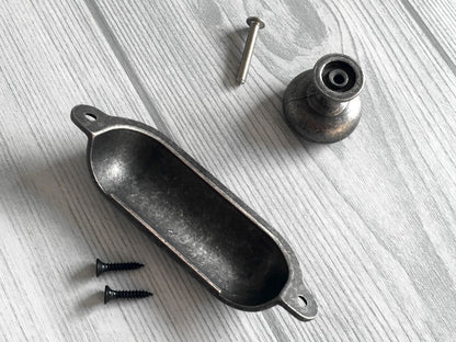 Cup Drawer Pull and Knobs, Antique Pewter, 3.5" Centers