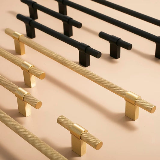 Solid brass knurled cabinet bar handles in brass and matte black finishes 