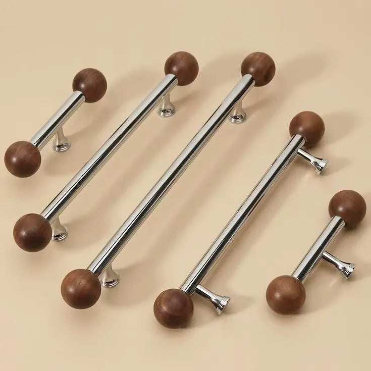 Walnut & Brass Chrome Cabinet Drawer Pull, Modern Japandi Kitchen Hardware