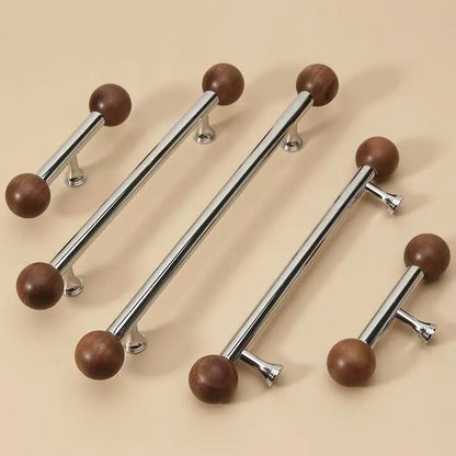 Walnut & Brass Chrome Cabinet Drawer Pull, Modern Japandi Kitchen Hardware