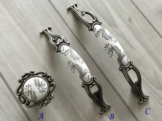 3.75" 5" Centers Antique Pewter Porcelain Drawer Pull Handle