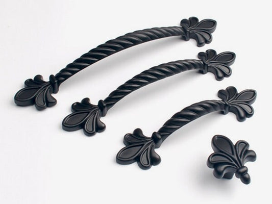 Black Fleur De Lis Cabinet Pulls, Kitchen Hardware, 2.5" 3.75" Centers