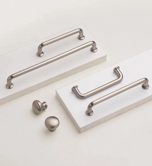 Brushed Nickel Cabinet D Handles and Ball Knobs, Modern Minimalist, 6.25" 5" 7.5" Centers