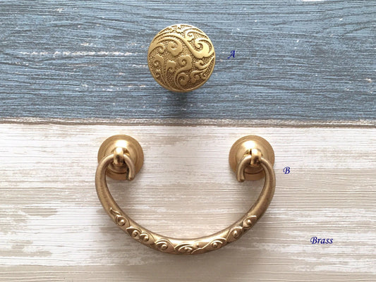 2.75" to 3" Centers Brass Drop Bail Drawer Pull with matching knob, Vintage Style, Antique Bronze Black