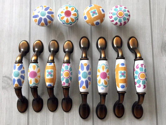 Colorful Porcelain Drawer Pulls, 3" 3.75" Centers, 4 Designs