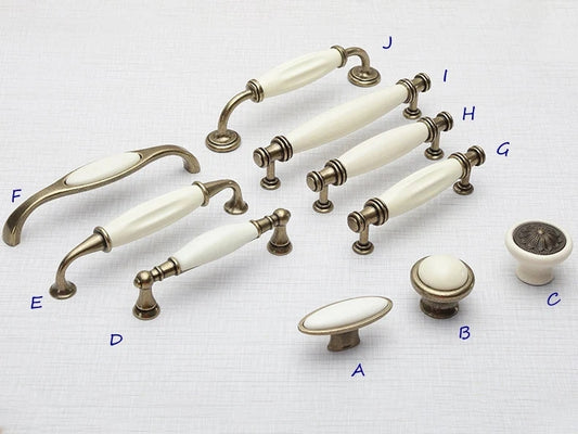 Cream Porcelain Cabinet Pulls Drawer Handles Antique Bronze