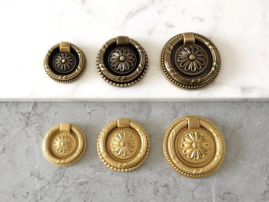 Brass Drop Ring Drawer Pulls, Floral Backplate, Antique Bronze, Gold