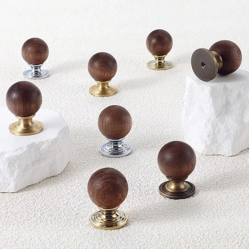 Walnut Wood Brass Cabinet Knobs - Japandi Kitchen Hardware - LynnsHardware