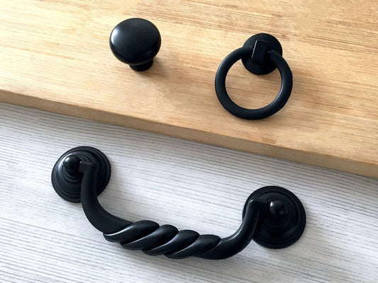 4.5" Black Bail Drawer Pull Handles, Round Knob and Drop Ring