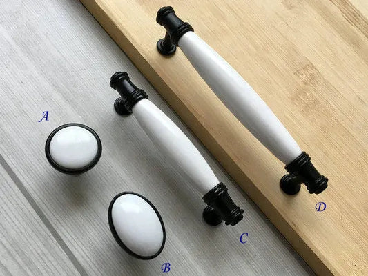 3.75" 5" Porcelain Drawer Pull Handle, White Black, Kitchen Cabinet Hardware