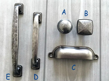 Antique Pewter Cabinet Pulls, Square Knob, Retro Kitchen Hardware