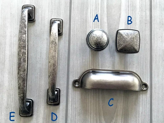 Antique Pewter Cabinet Pulls, Square Knob, Retro Kitchen Hardware