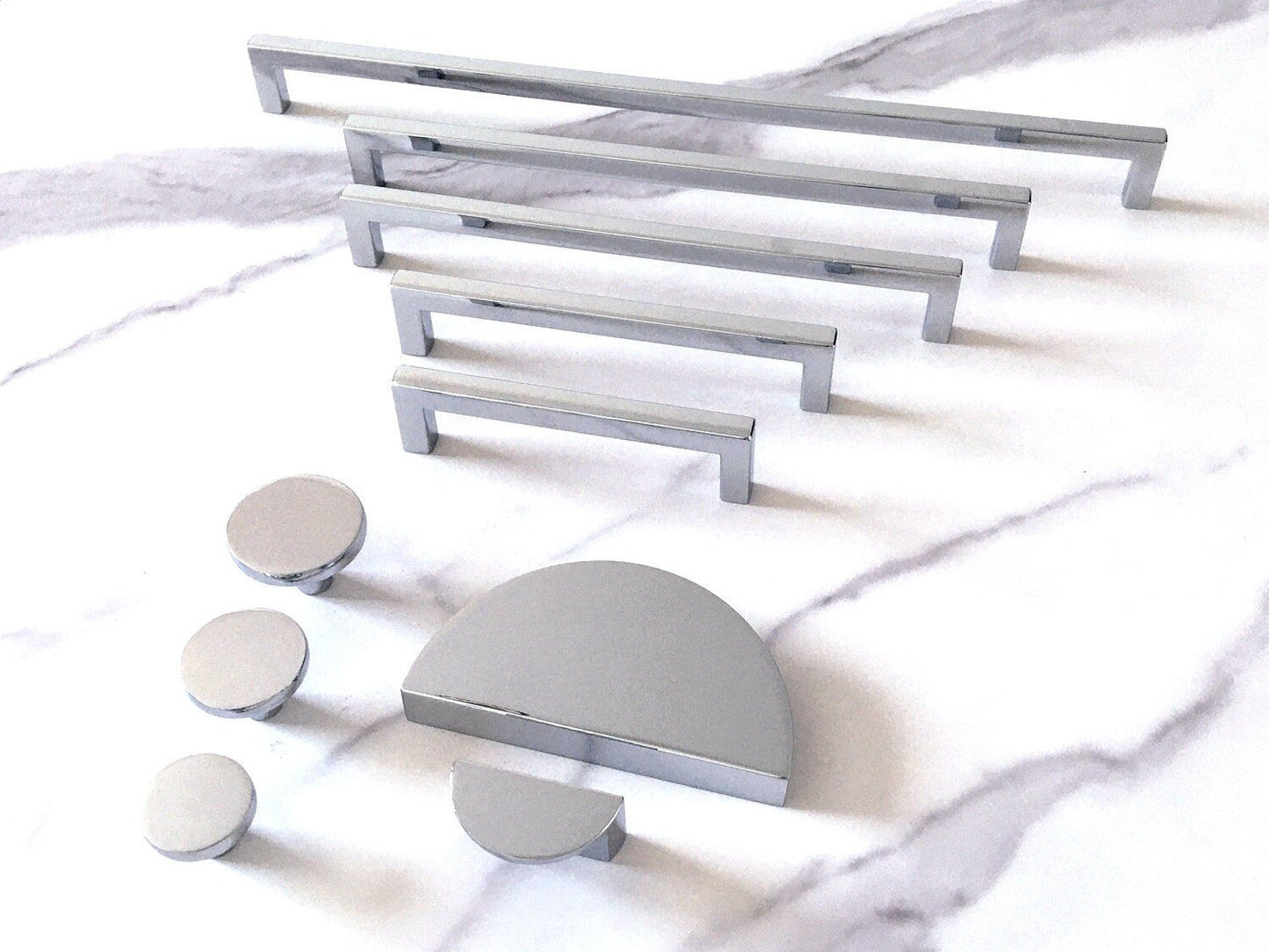 Multi Size Polished Chrome Cabinet Bar Handle & Half Moon Pull