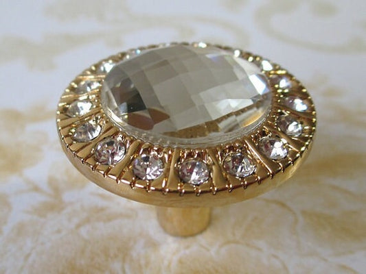 Gold Silver Glass Crystal Dresser Drawer Knob, Cabinet Pull, Shiny Clear Diamond Cut