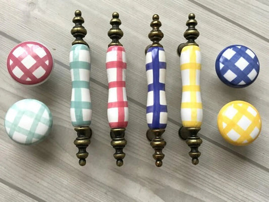 3" Centers Gingham Ceramic Drawer Pull and Cabinet Knob, Antique Bronze Green Yellow Red Blue White