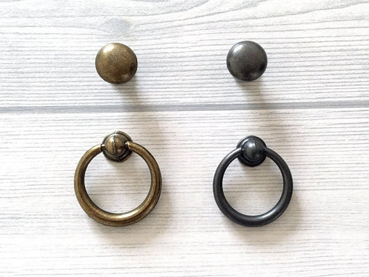 Drop Ring Drawer Pulls with Small Knobs, Antique Bronze Black
