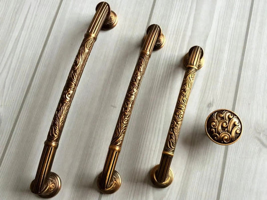 Dresser Pull Handles Knobs with Embossed Patterns, Antique Copper, Victorian Cabinet Hardware