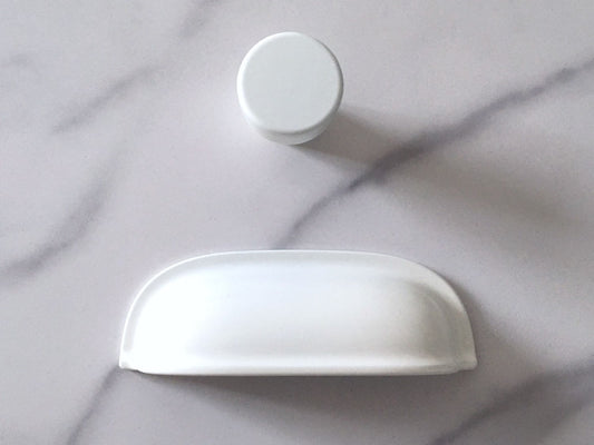 2.5" Centers White Cup Drawer Pulls with Knobs