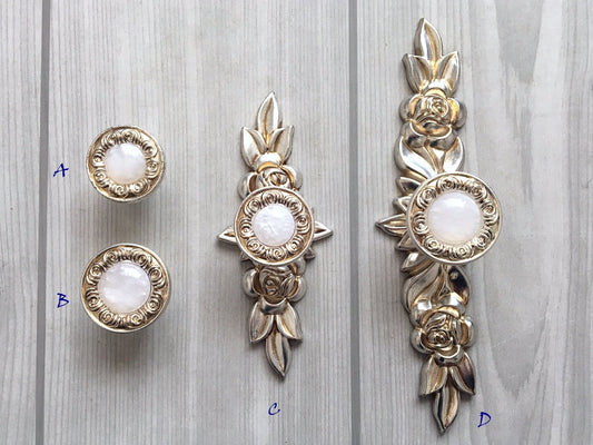 Drawer Knobs with Backplate, Shabby Chic, White Antique Silver