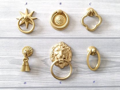 Brass Drop Ring Drawer Pulls, Lion Head, Oval, Floral Backplate, Tassel, Starburst, Clover