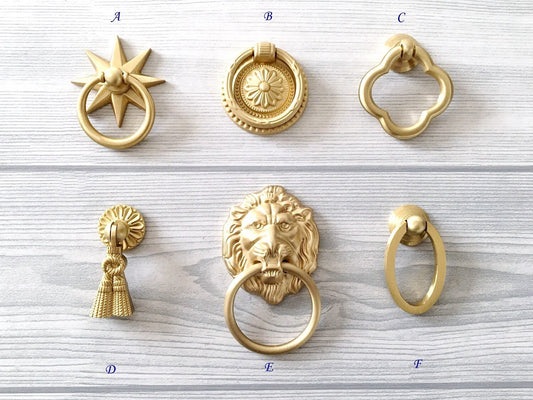 Brass Drop Ring Drawer Pulls, Lion Head, Oval, Floral Backplate, Tassel, Starburst, Clover