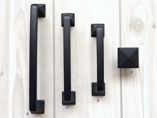 Black Cabinet Pulls, Square Knobs, Minimalist Kitchen Hardware