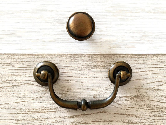 3.25" Centers Vintage Style Bail Drawer Pull with matching knob, Antique Gold Brass