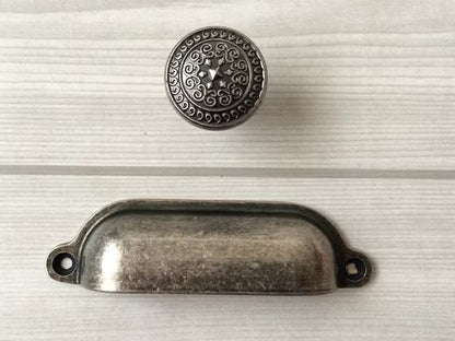 3.5" Antique Pewter Cup Drawer Pull and Knobs with emobssed motif