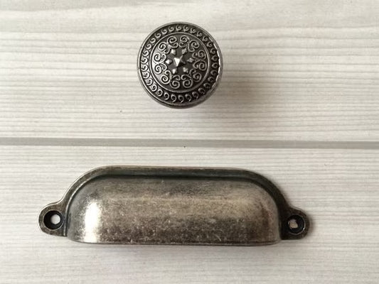 3.5" Antique Pewter Cup Drawer Pull and Knobs with emobssed motif