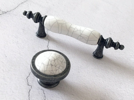 3" Drawer Pull Handles, White Crackle, Antique Pewter, 76 mm Centers