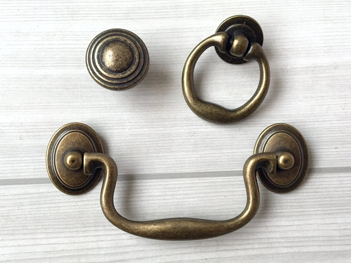 4" Antique Bronze Swing Bail Handle, Cabinet Knob & Drop Ring Pull