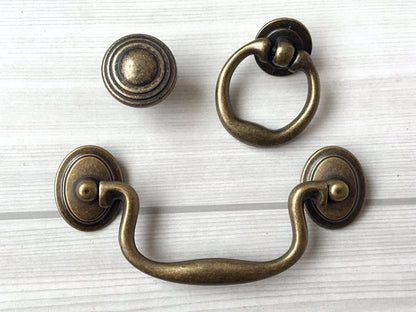 4" Antique Bronze Swing Bail Handle, Cabinet Knob & Drop Ring Pull